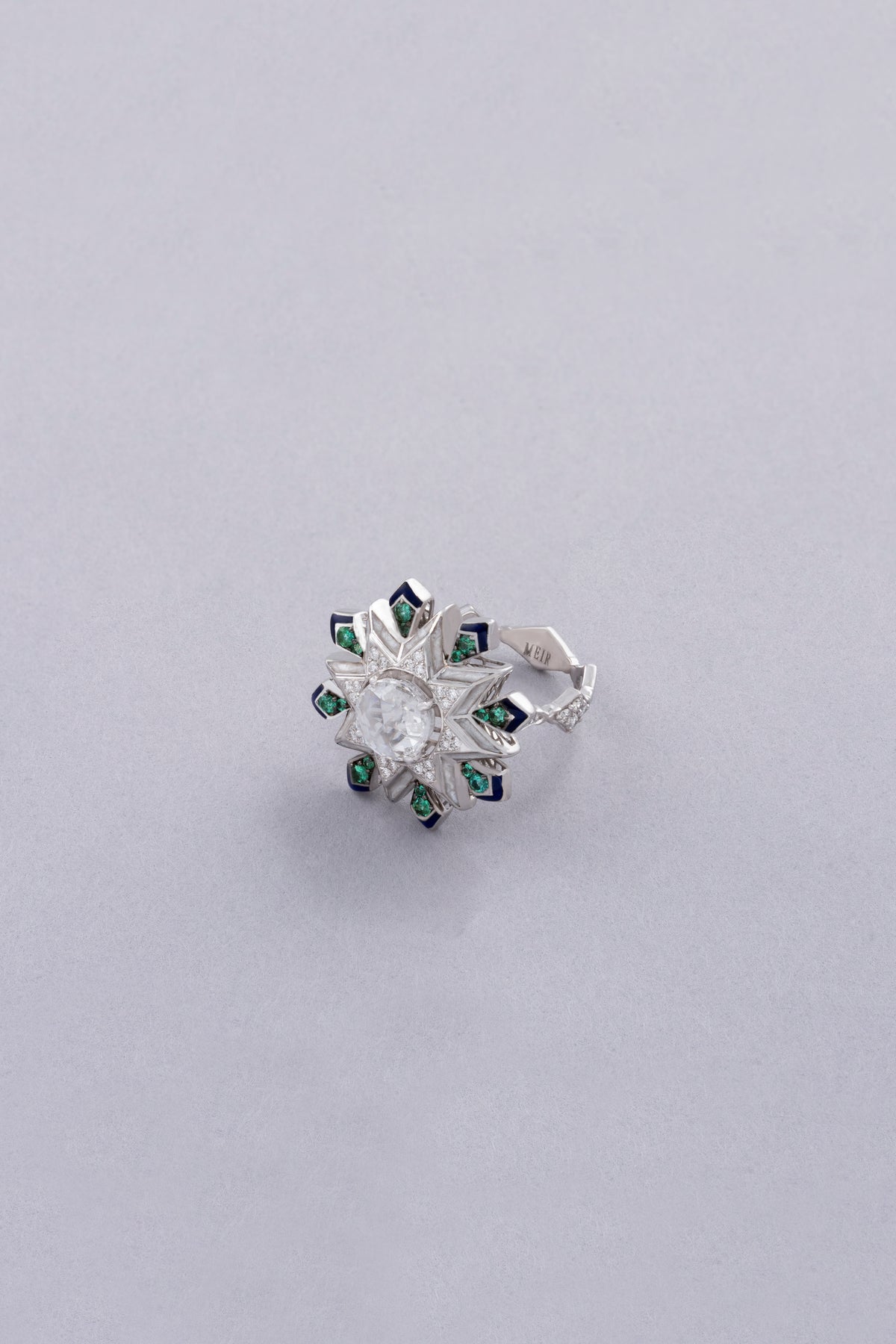 NOVA Starburst Ring, White Gold, Rose-cut Diamonds and Emeralds