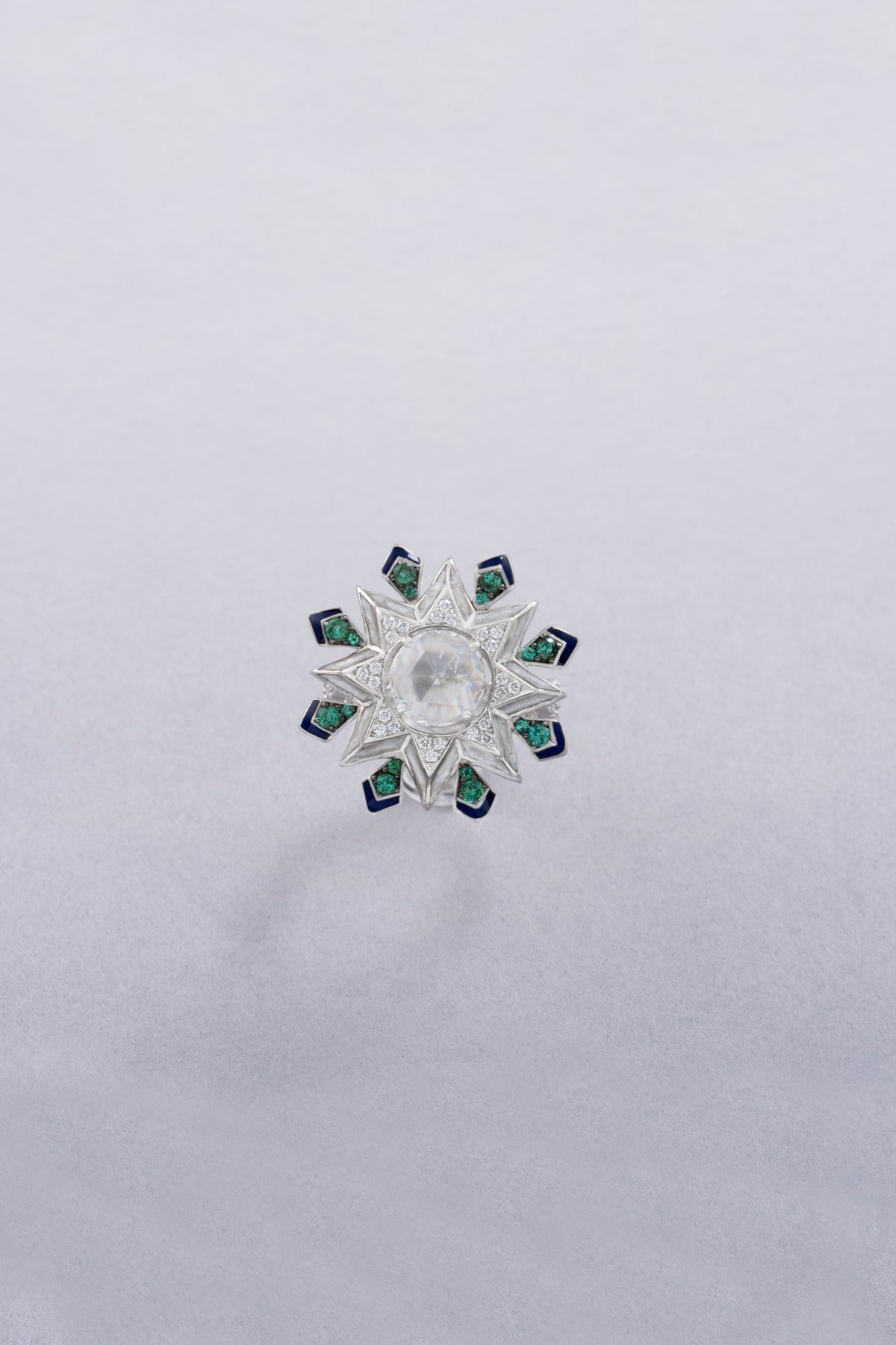 NOVA Starburst Ring, White Gold, Rose-cut Diamonds and Emeralds
