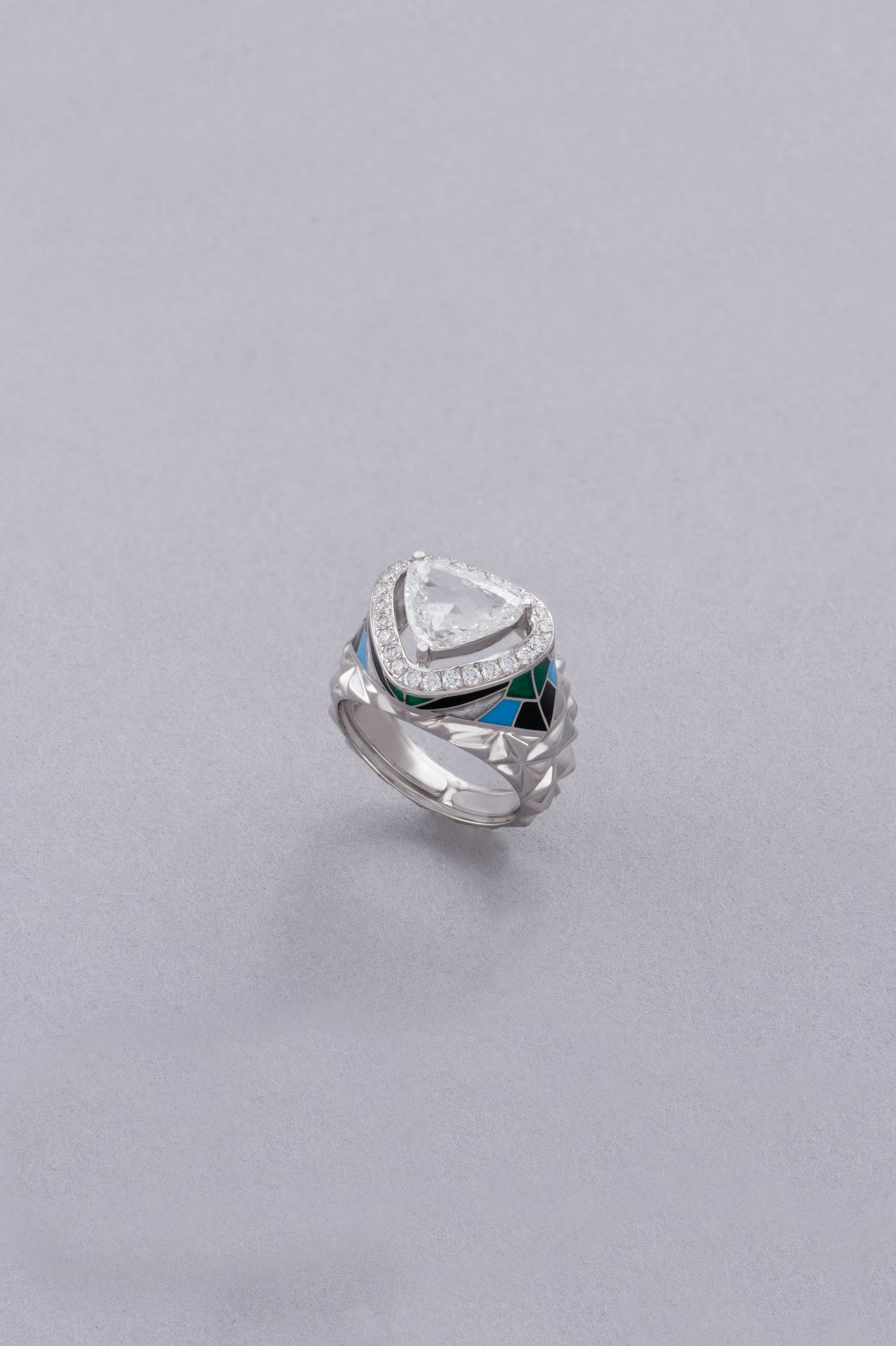 PRISM Mosaic Ring, White Gold, Rose-cut Diamonds and Ceramic Enamel