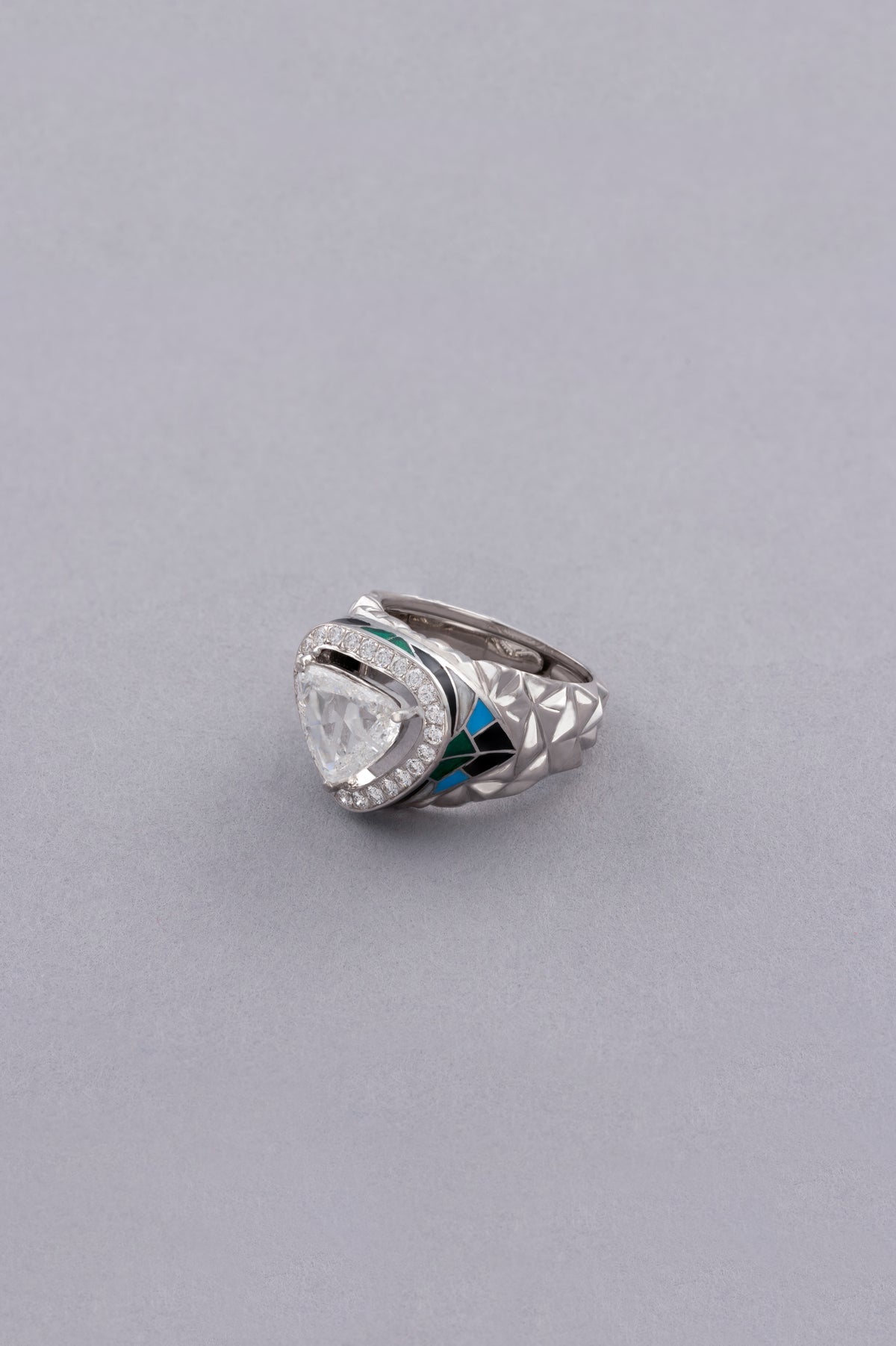 PRISM Mosaic Ring, White Gold, Rose-cut Diamonds and Ceramic Enamel