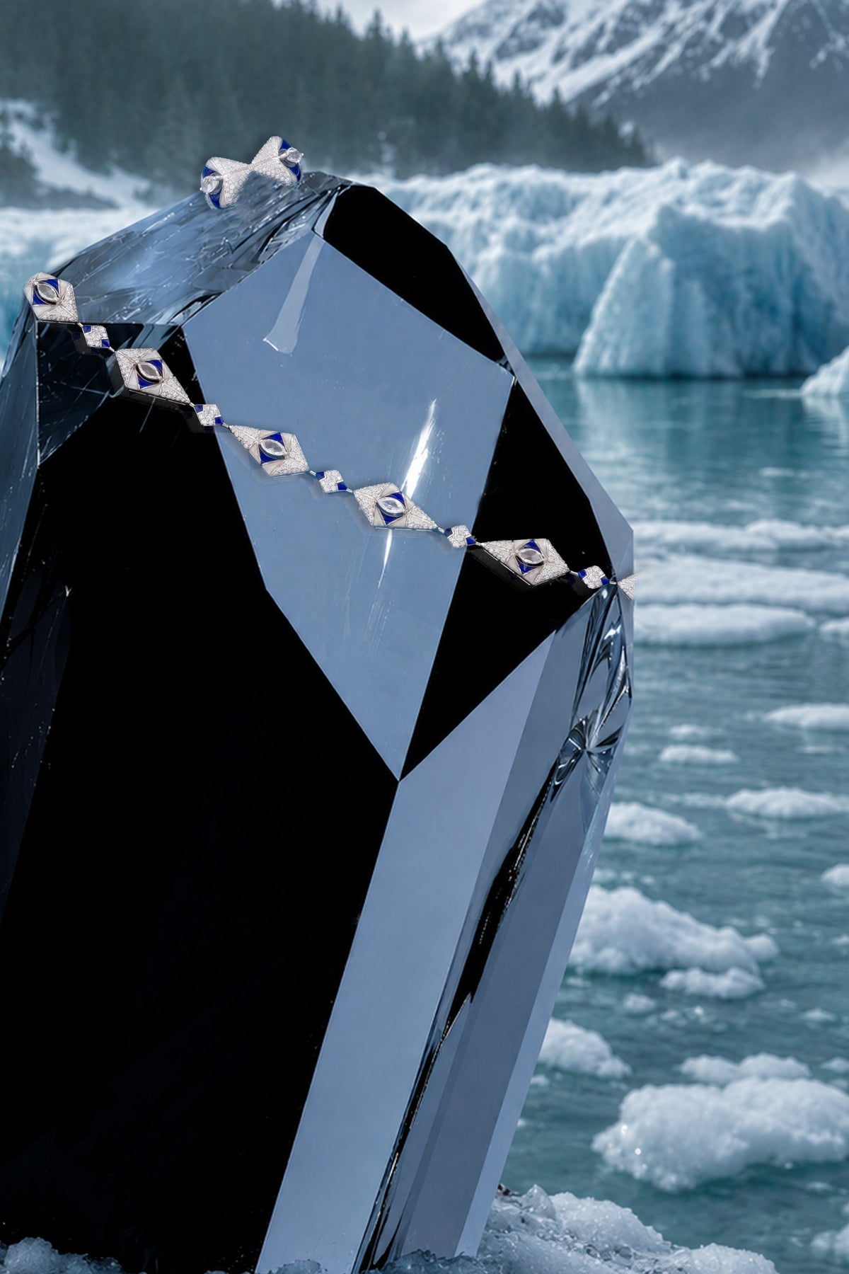 PRISM Deco Ring, White Gold, Rose-cut Diamonds and Ceramic Enamel