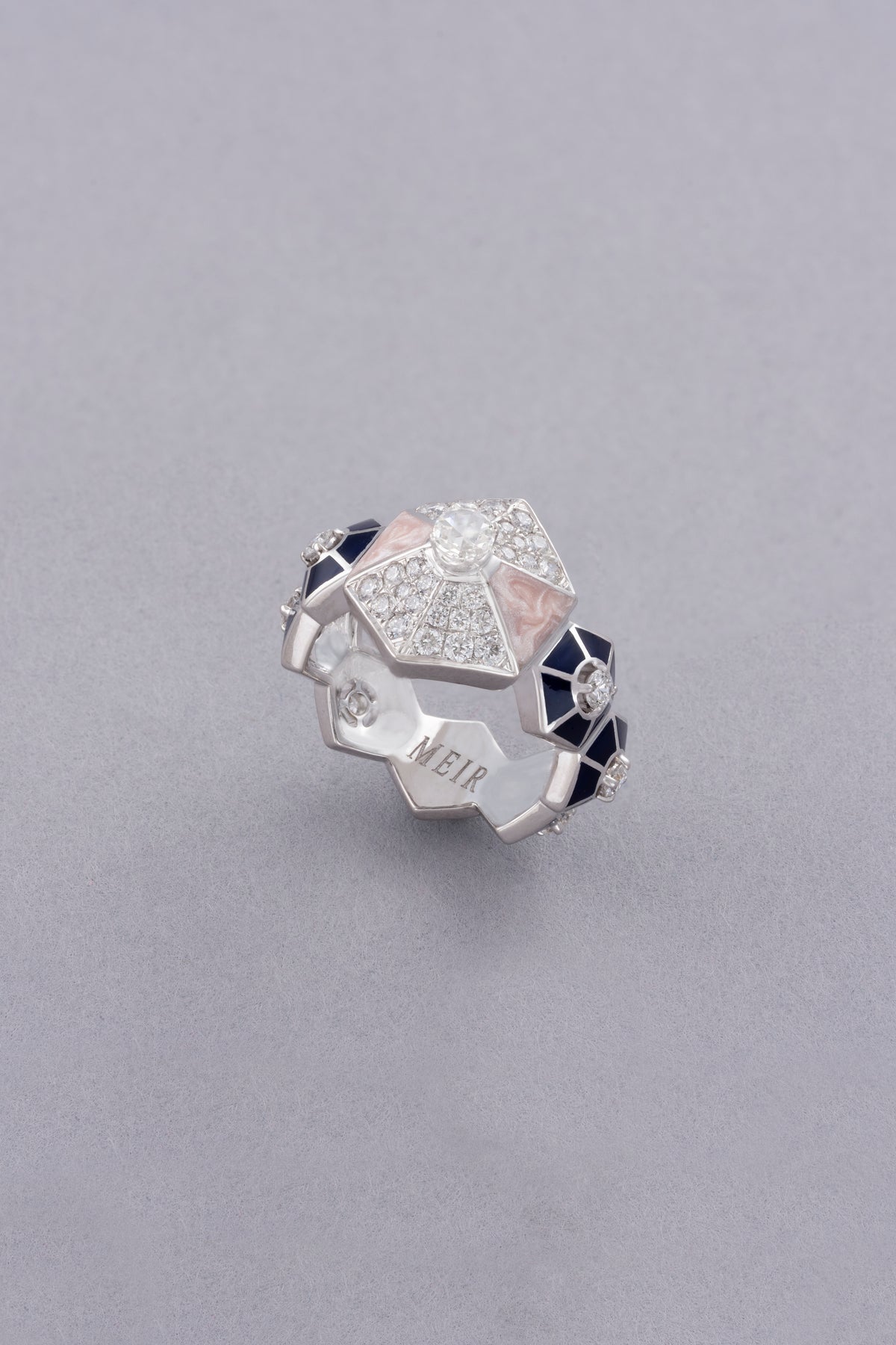 HEXA Honeycomb Bloom Ring, White Gold, Rose-cut Diamonds and Ceramic Enamel