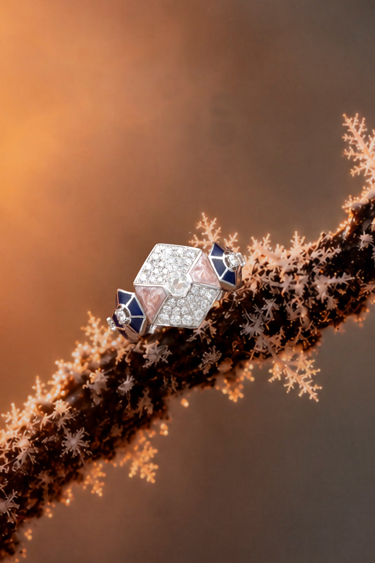 HEXA Honeycomb Bloom Ring, White Gold, Rose-cut Diamonds and Ceramic Enamel
