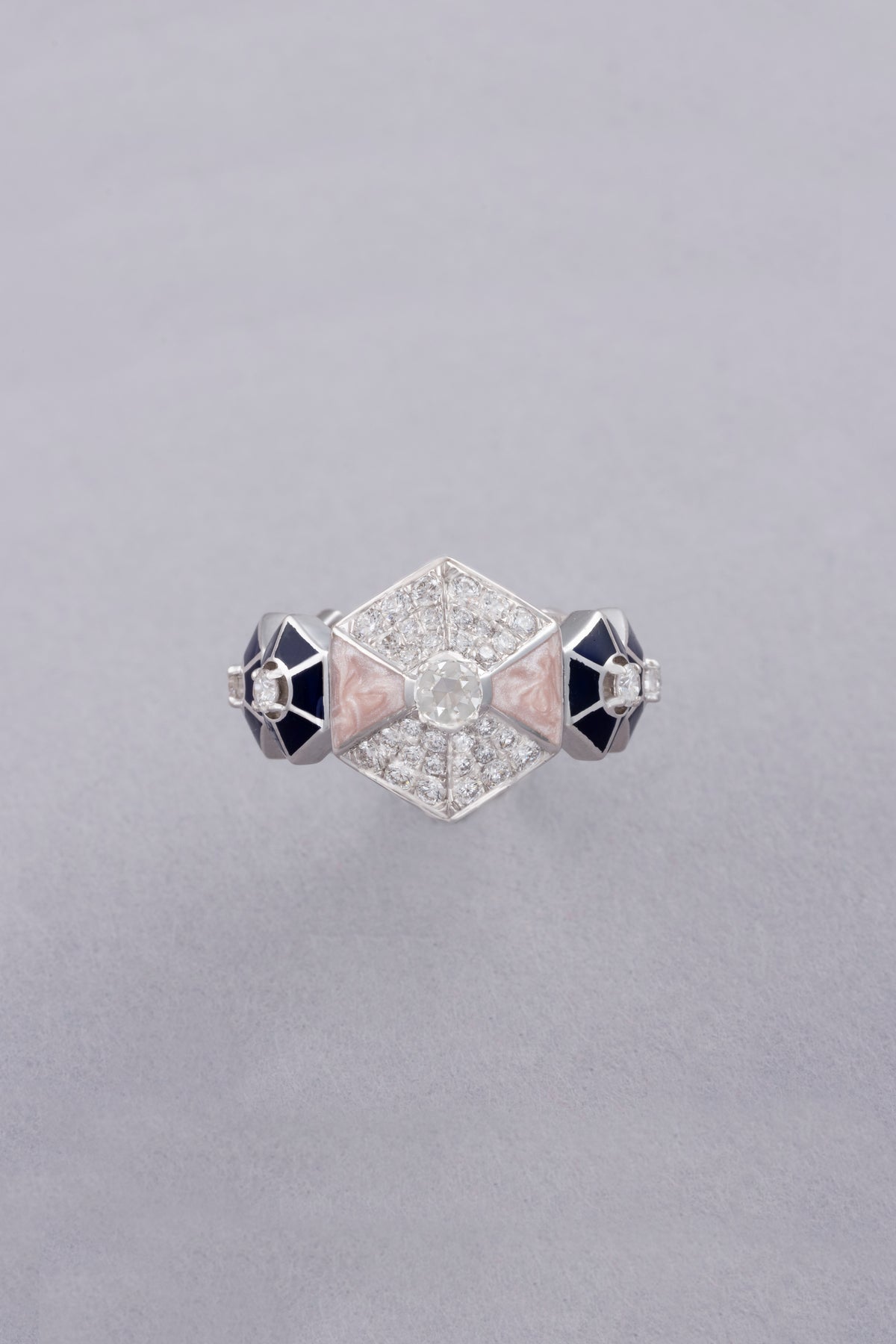 HEXA Honeycomb Bloom Ring, White Gold, Rose-cut Diamonds and Ceramic Enamel