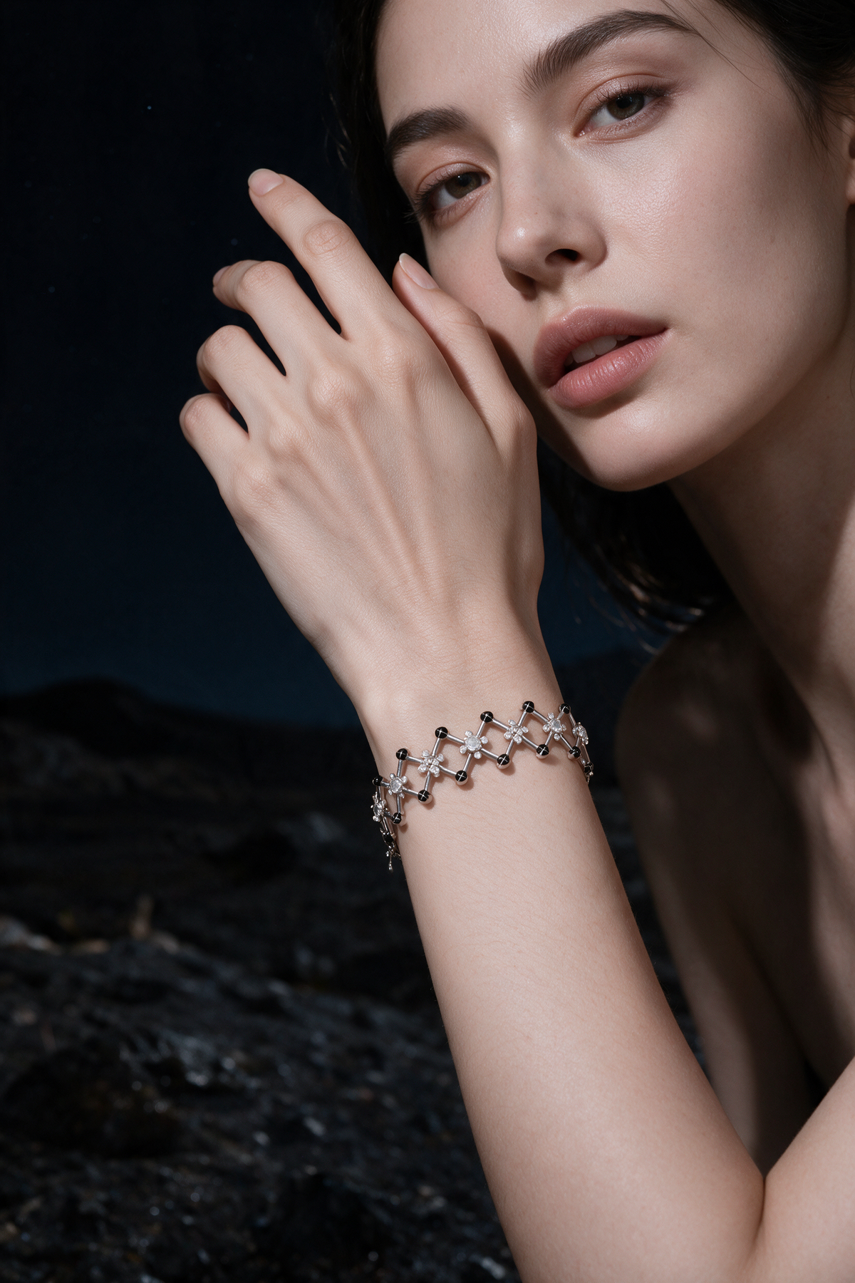 Trellis Bracelet, White Gold, Rose-cut Diamonds and Ceramic Enamel