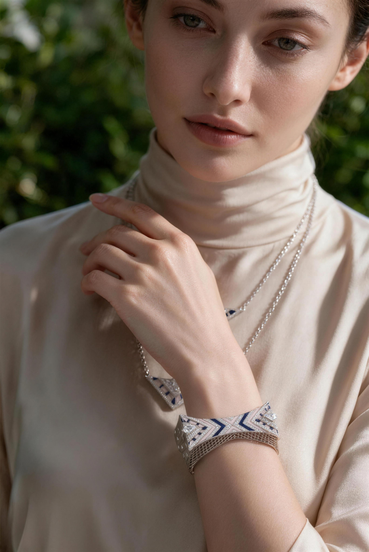 PRISM Chevron Bracelet, White Gold, Rose-cut Diamonds and Ceramic Enamel