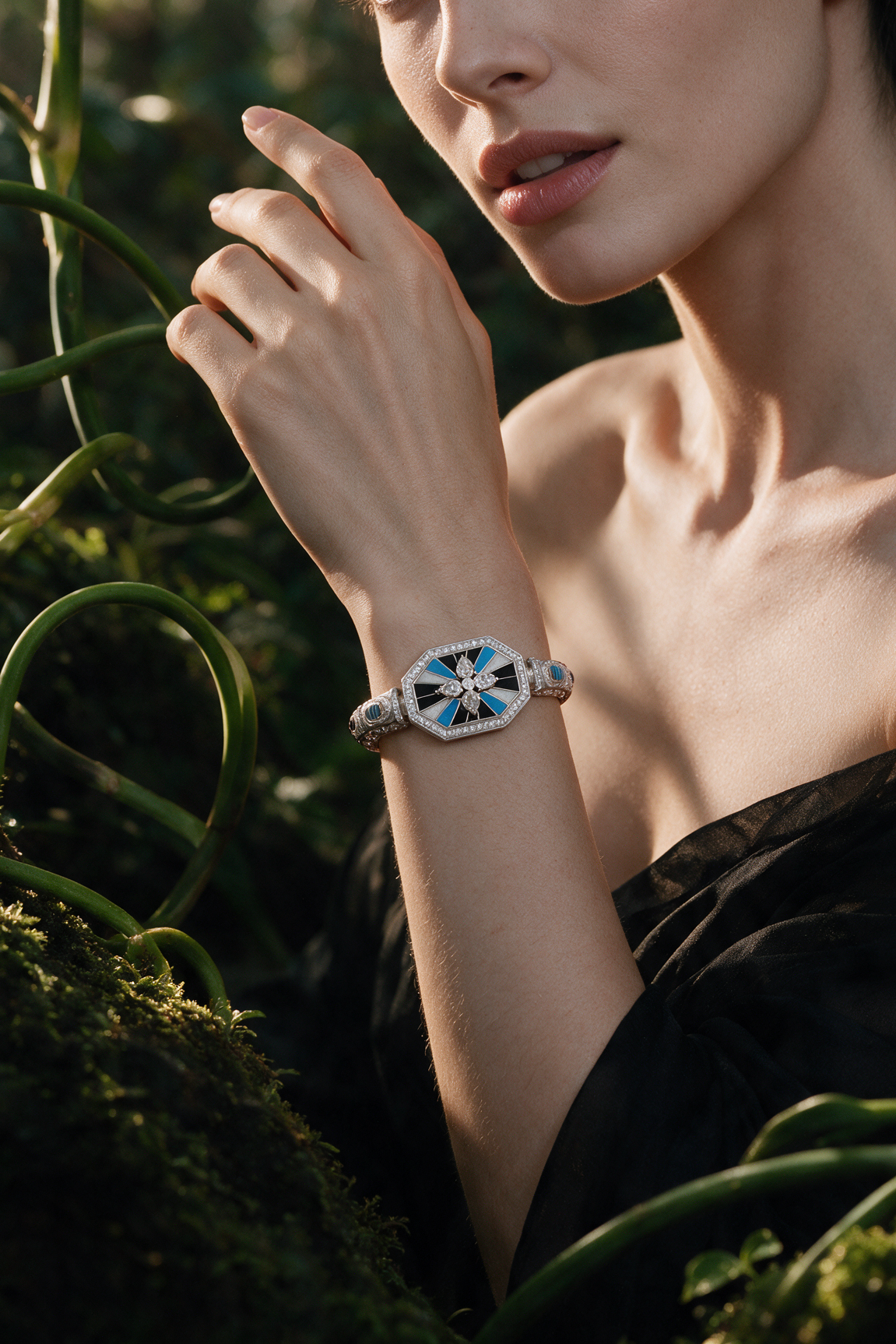 LINK Octagon Bracelet, White Gold, Rose-cut Diamonds and Ceramic Enamel