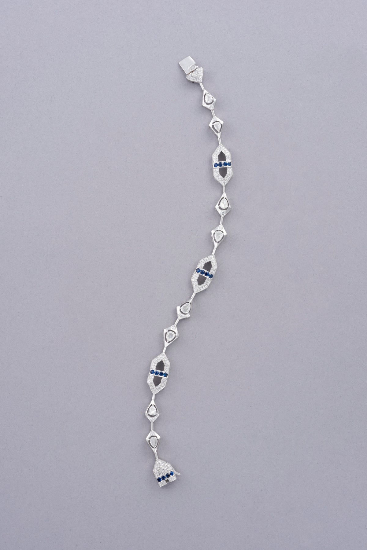 LINK Drop Bracelet, White Gold, Rose-cut Diamonds and Blue Sapphires