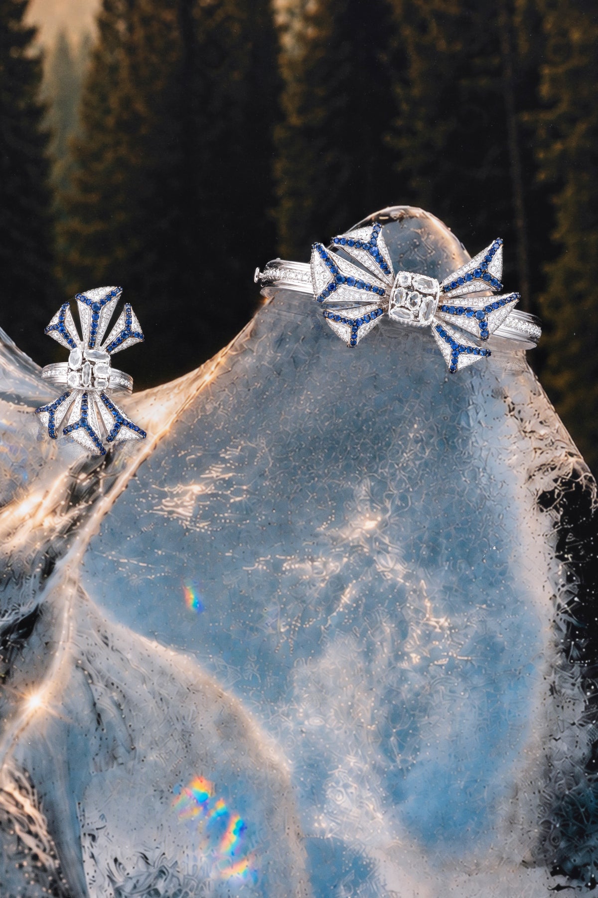 PRISM Bow Bracelet, White Gold, Rose-cut Diamonds and Blue Sapphires