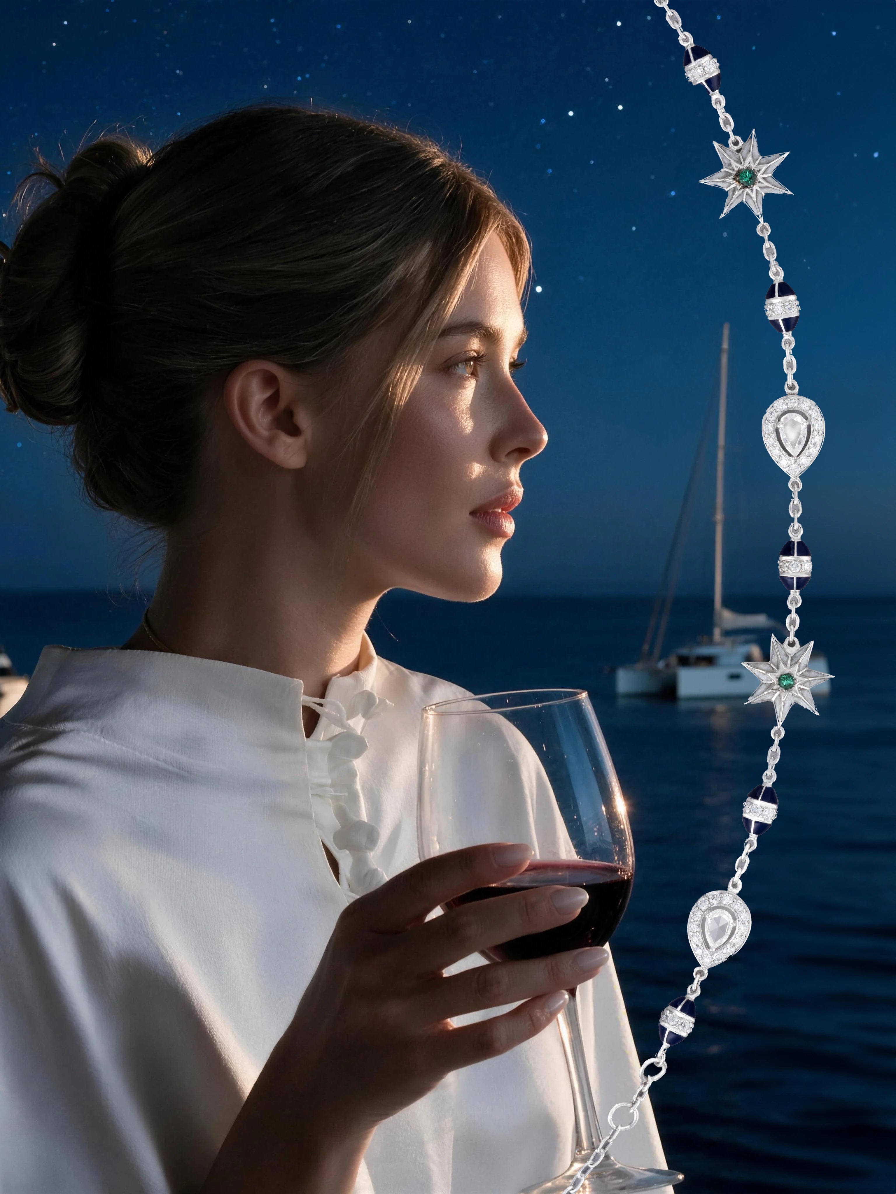 A woman wearing MEIR jewellery by the sea