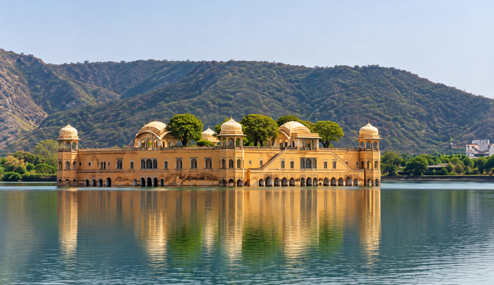 Jaipur palace reflected in a lake